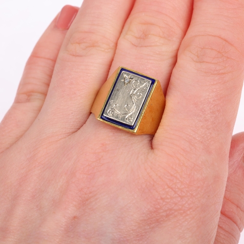 1121 - An 18ct gold diamond and blue enamel signet ring, with foliate engraved panel, setting height 16.3mm... 