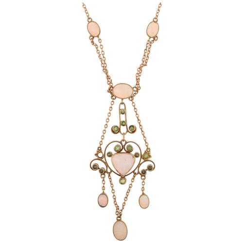 1124 - An Art Nouveau Edwardian 15ct gold opal and green tourmaline openwork lavaliere pendant necklace, ci... 