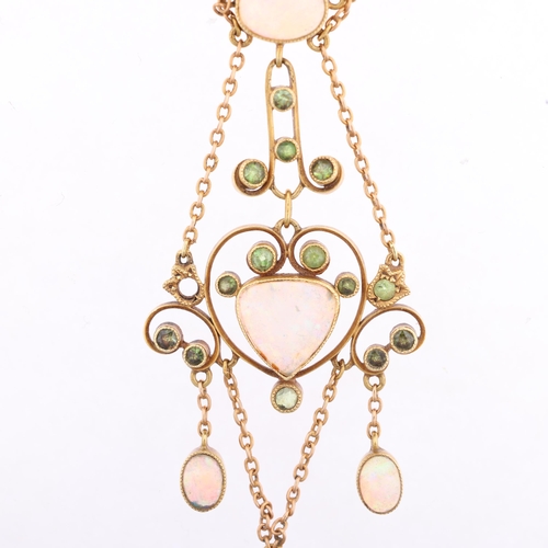 1124 - An Art Nouveau Edwardian 15ct gold opal and green tourmaline openwork lavaliere pendant necklace, ci... 