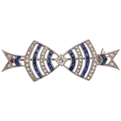 1127 - An Art Deco French sapphire and diamond openwork bow tie brooch, circa 1920, set with square and ros... 