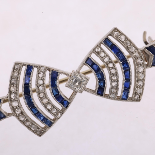 1127 - An Art Deco French sapphire and diamond openwork bow tie brooch, circa 1920, set with square and ros... 