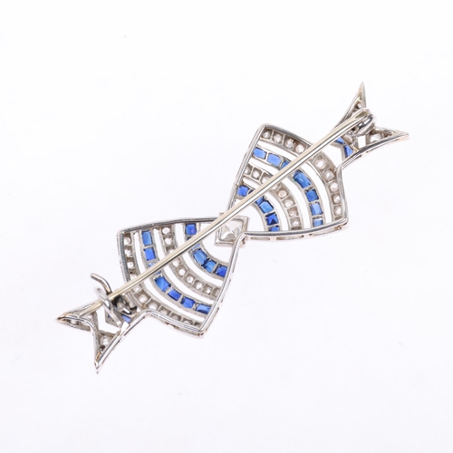 1127 - An Art Deco French sapphire and diamond openwork bow tie brooch, circa 1920, set with square and ros... 