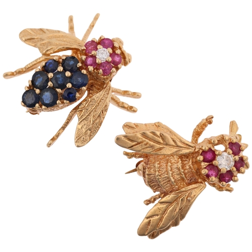 1130 - A pair of 14ct gold gem set figural bee and wasp lapel brooches, maker FM, set with sapphires rubies... 