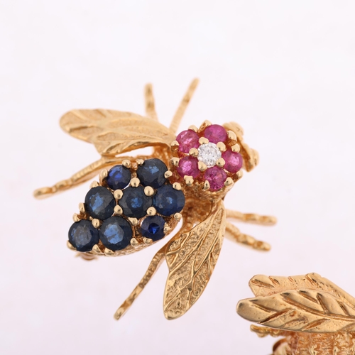 1130 - A pair of 14ct gold gem set figural bee and wasp lapel brooches, maker FM, set with sapphires rubies... 