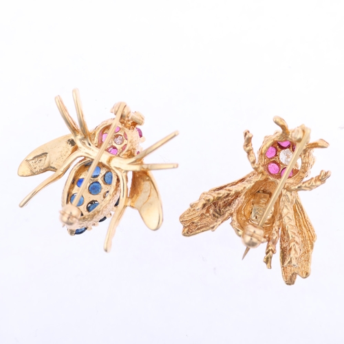 1130 - A pair of 14ct gold gem set figural bee and wasp lapel brooches, maker FM, set with sapphires rubies... 