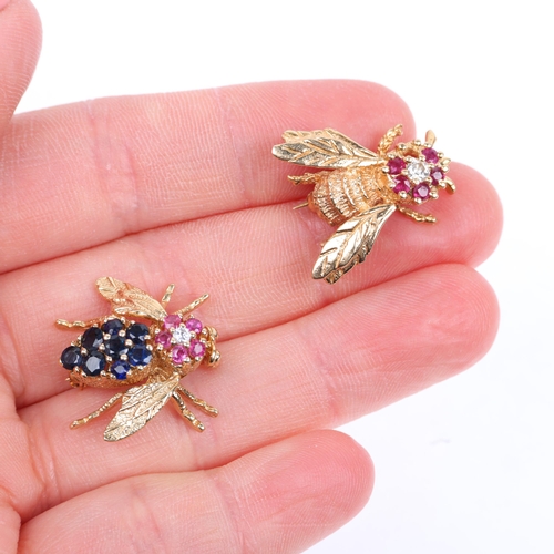 1130 - A pair of 14ct gold gem set figural bee and wasp lapel brooches, maker FM, set with sapphires rubies... 