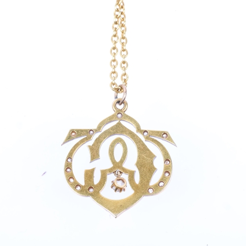 1134 - A 19th century pearl diamond and enamel monogram pendant necklace, on 9ct cable link chain, apparent... 