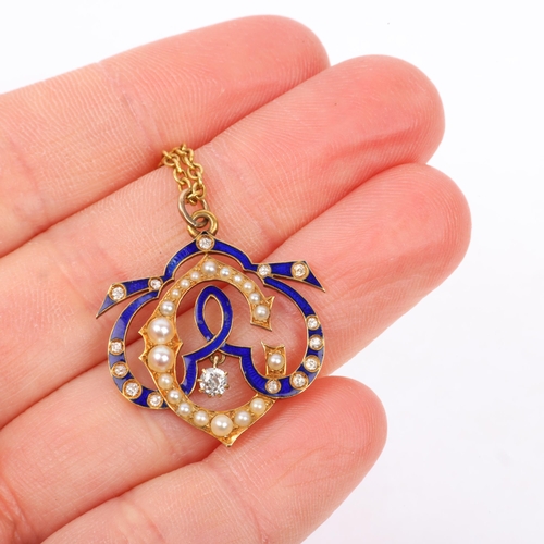 1134 - A 19th century pearl diamond and enamel monogram pendant necklace, on 9ct cable link chain, apparent... 