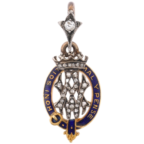 1135 - An early 20th century miniature diamond and blue enamel Order of the Garter pendant, presented by Pr... 