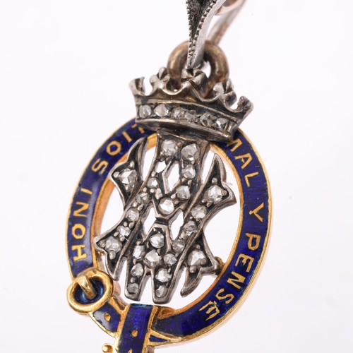 1135 - An early 20th century miniature diamond and blue enamel Order of the Garter pendant, presented by Pr... 