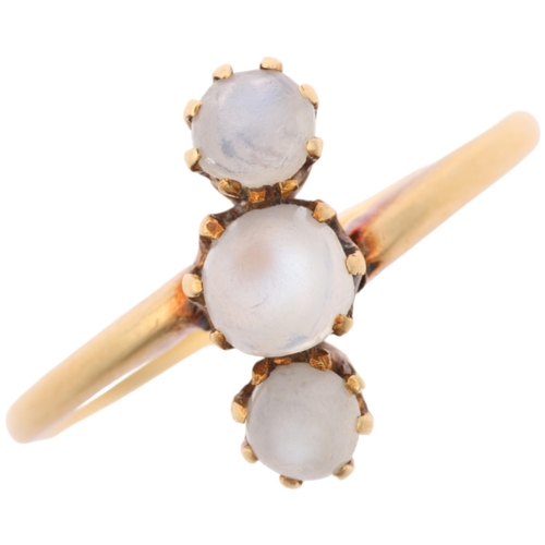 1136 - An Edwardian 18ct gold three stone moonstone ring, indistinct maker, Birmingham 1908, claw set with ... 