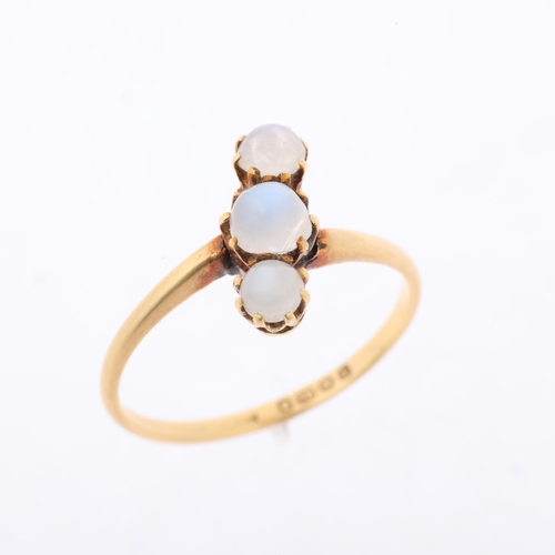 1136 - An Edwardian 18ct gold three stone moonstone ring, indistinct maker, Birmingham 1908, claw set with ... 