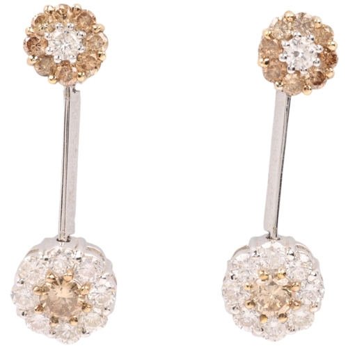 1142 - A pair of 18ct white gold champagne diamond and diamond flowerhead cluster drop earrings, set with m... 