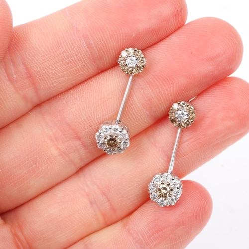 1142 - A pair of 18ct white gold champagne diamond and diamond flowerhead cluster drop earrings, set with m... 