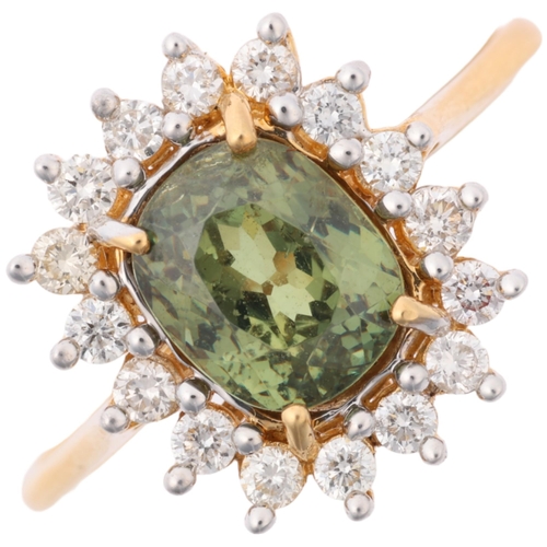 1144 - A modern 18ct gold demantoid garnet and diamond flowerhead cluster ring, maker CR, Birmingham 2010, ... 