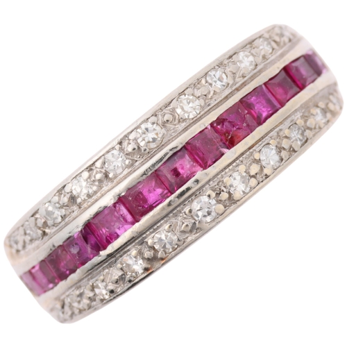 1146 - An Art Deco ruby and diamond triple row half eternity ring, circa 1925, channel and pave set with ca... 