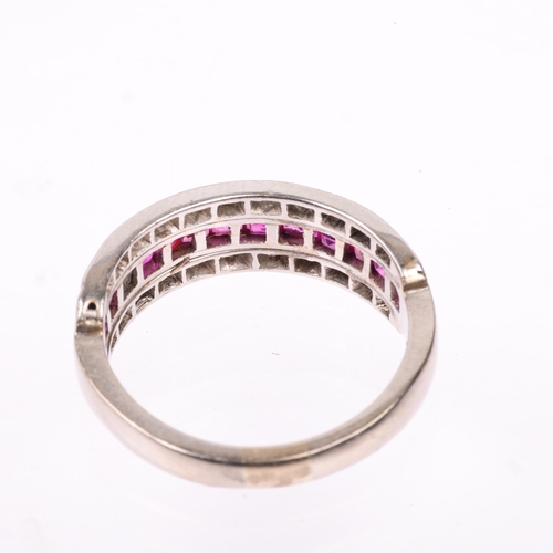 1146 - An Art Deco ruby and diamond triple row half eternity ring, circa 1925, channel and pave set with ca... 