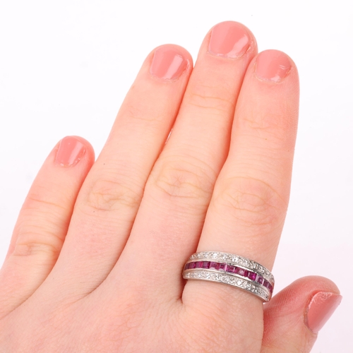 1146 - An Art Deco ruby and diamond triple row half eternity ring, circa 1925, channel and pave set with ca... 