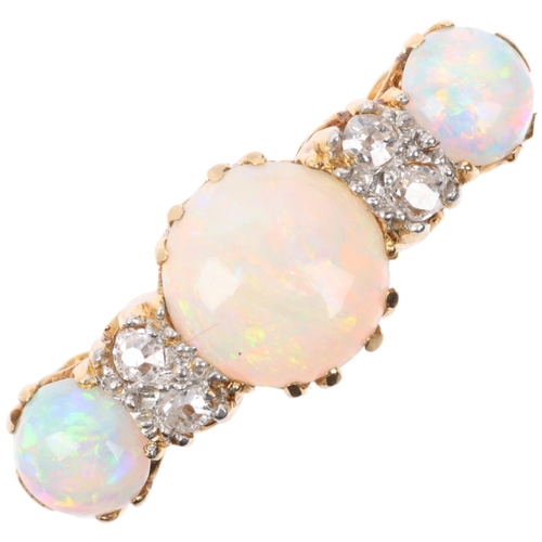 1149 - An early 20th century 18ct gold seven stone opal and diamond half hoop ring, set with round cabochon... 