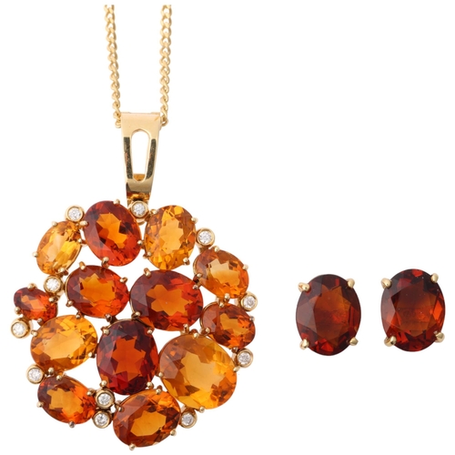 1150 - An 18ct gold citrine and diamond cluster pendant necklace and earring set, set with vari-hue oval mi... 