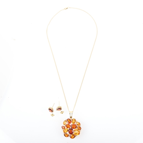 1150 - An 18ct gold citrine and diamond cluster pendant necklace and earring set, set with vari-hue oval mi... 