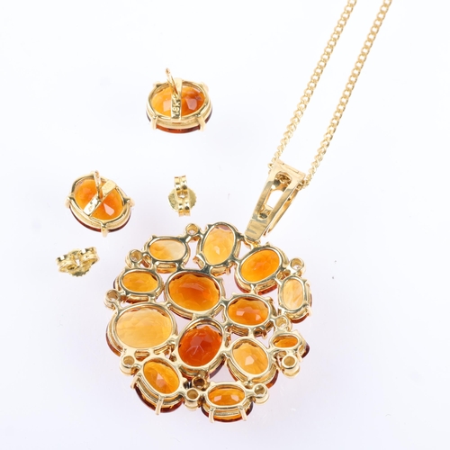 1150 - An 18ct gold citrine and diamond cluster pendant necklace and earring set, set with vari-hue oval mi... 