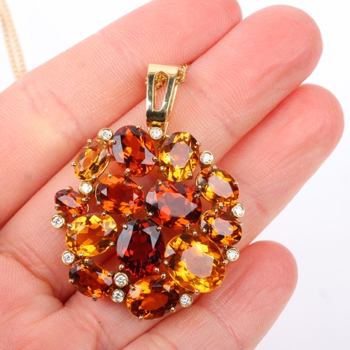 1150 - An 18ct gold citrine and diamond cluster pendant necklace and earring set, set with vari-hue oval mi... 