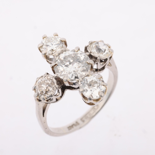 1152 - An Edwardian platinum diamond cruciform ring, maker AH&S, set with old European and modern round bri... 