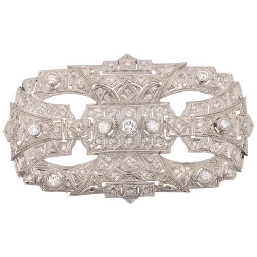 1155 - A large Art Deco platinum and diamond geometric panel brooch, set with round brilliant and eight-cut... 