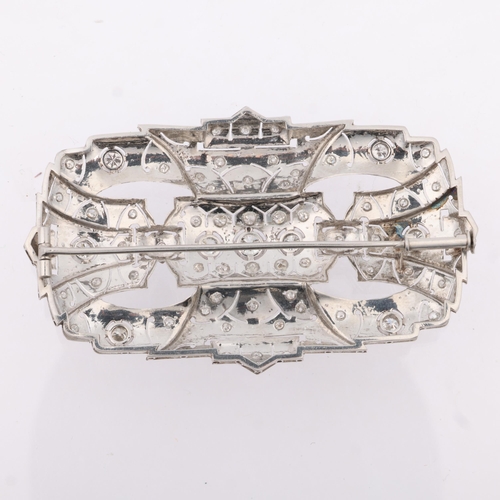 1155 - A large Art Deco platinum and diamond geometric panel brooch, set with round brilliant and eight-cut... 