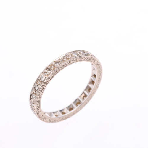 1156 - An Art Deco 18ct white gold diamond full eternity band ring, millegrain set with eight-cut diamonds ... 