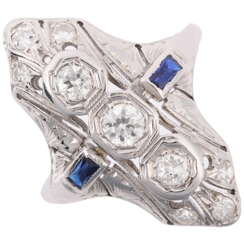 1157 - An Art Deco style sapphire and diamond panel ring, set with old European and eight-cut diamonds, tot... 