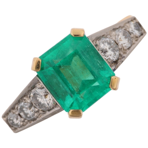 1160 - An 18ct gold Colombian emerald and diamond ring, centrally claw set 2.4ct emerald step-cut emerald, ... 