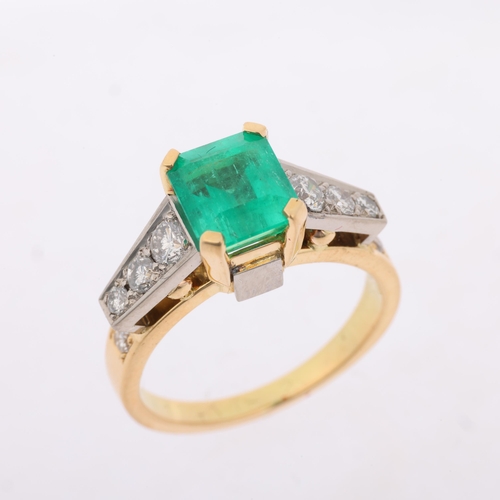 1160 - An 18ct gold Colombian emerald and diamond ring, centrally claw set 2.4ct emerald step-cut emerald, ... 