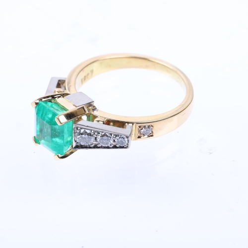 1160 - An 18ct gold Colombian emerald and diamond ring, centrally claw set 2.4ct emerald step-cut emerald, ... 