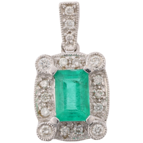 1163 - A modern 18ct white gold emerald and diamond cluster drop pendant, centrally claw set with 0.5ct eme... 