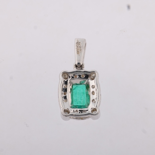 1163 - A modern 18ct white gold emerald and diamond cluster drop pendant, centrally claw set with 0.5ct eme... 