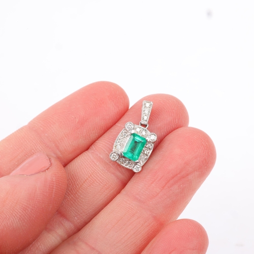 1163 - A modern 18ct white gold emerald and diamond cluster drop pendant, centrally claw set with 0.5ct eme... 