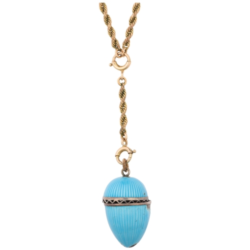 1164 - A Continental blue enamel egg pendant necklace, on 9ct gold rope twist chain, pendant 27.4mm, chain ... 