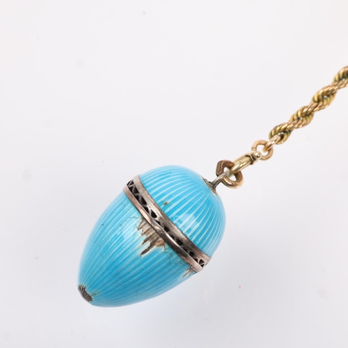 1164 - A Continental blue enamel egg pendant necklace, on 9ct gold rope twist chain, pendant 27.4mm, chain ... 