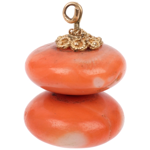 1165 - A Victorian coral button bead pendant, with cannetille mount, 24.8mm, 8.6g