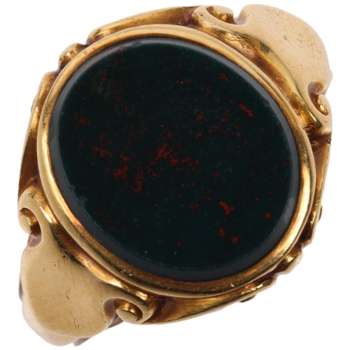 1167 - A 19th century 18ct gold bloodstone signet ring, maker SW, London 1863, set with oval flat-top unasc... 