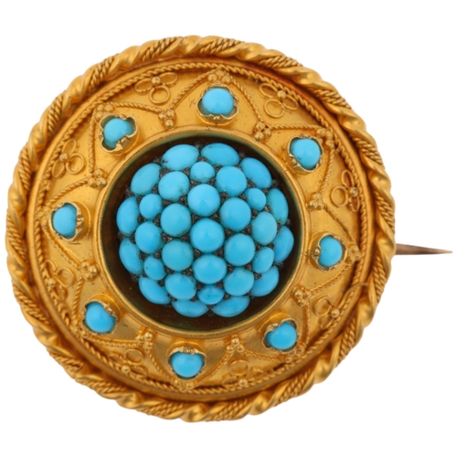 1172 - A Victorian Etruscan Revival turquoise bombe mourning brooch, circa 1860, pave set with round caboch... 