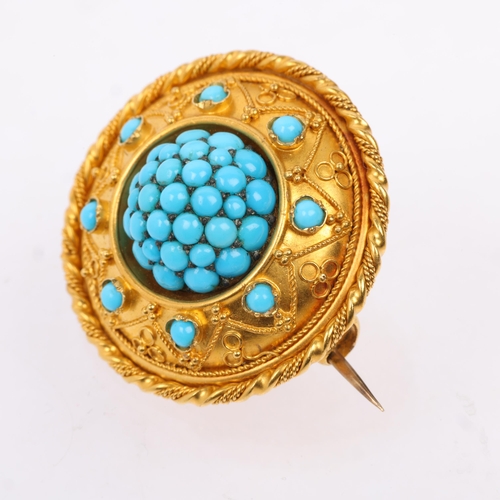 1172 - A Victorian Etruscan Revival turquoise bombe mourning brooch, circa 1860, pave set with round caboch... 