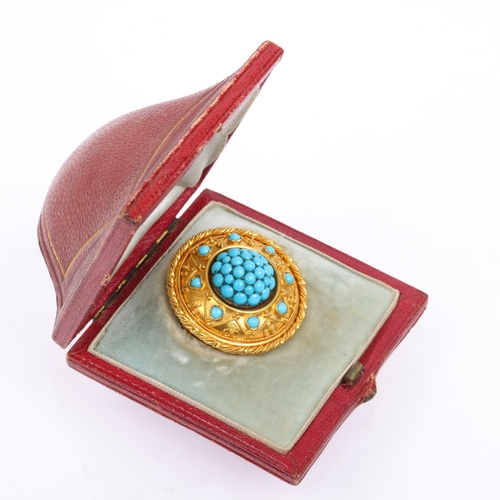 1172 - A Victorian Etruscan Revival turquoise bombe mourning brooch, circa 1860, pave set with round caboch... 