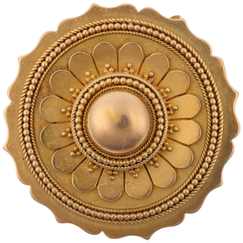 1173 - A Victorian Etruscan Revival bombe mourning brooch, circa 1860, shaped circular form with beaded dec... 