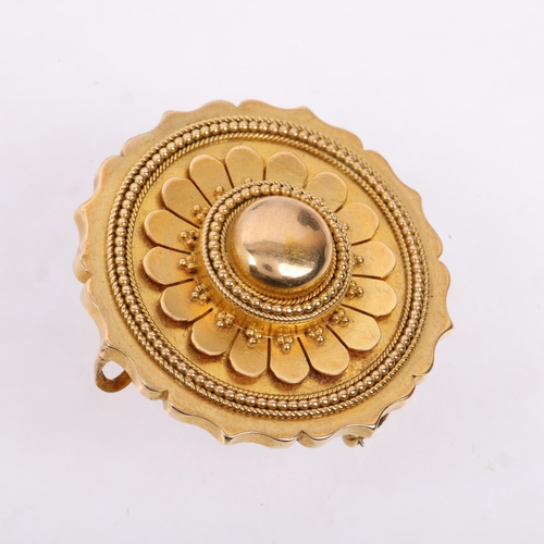 1173 - A Victorian Etruscan Revival bombe mourning brooch, circa 1860, shaped circular form with beaded dec... 