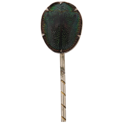 1175 - An Egyptian Revival scarab beetle stickpin, in gilt-metal setting, head 14.1mm, overall 64.9mm, 1.4g