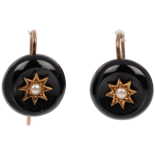 1176 - A pair of Victorian split pearl and onyx mourning earrings, with unmarked gold shepherd hook fitting... 