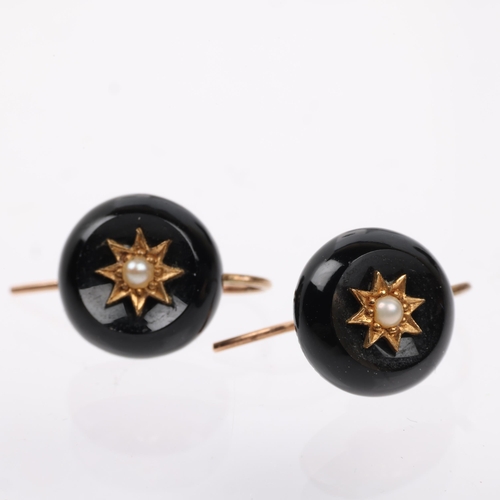 1176 - A pair of Victorian split pearl and onyx mourning earrings, with unmarked gold shepherd hook fitting... 